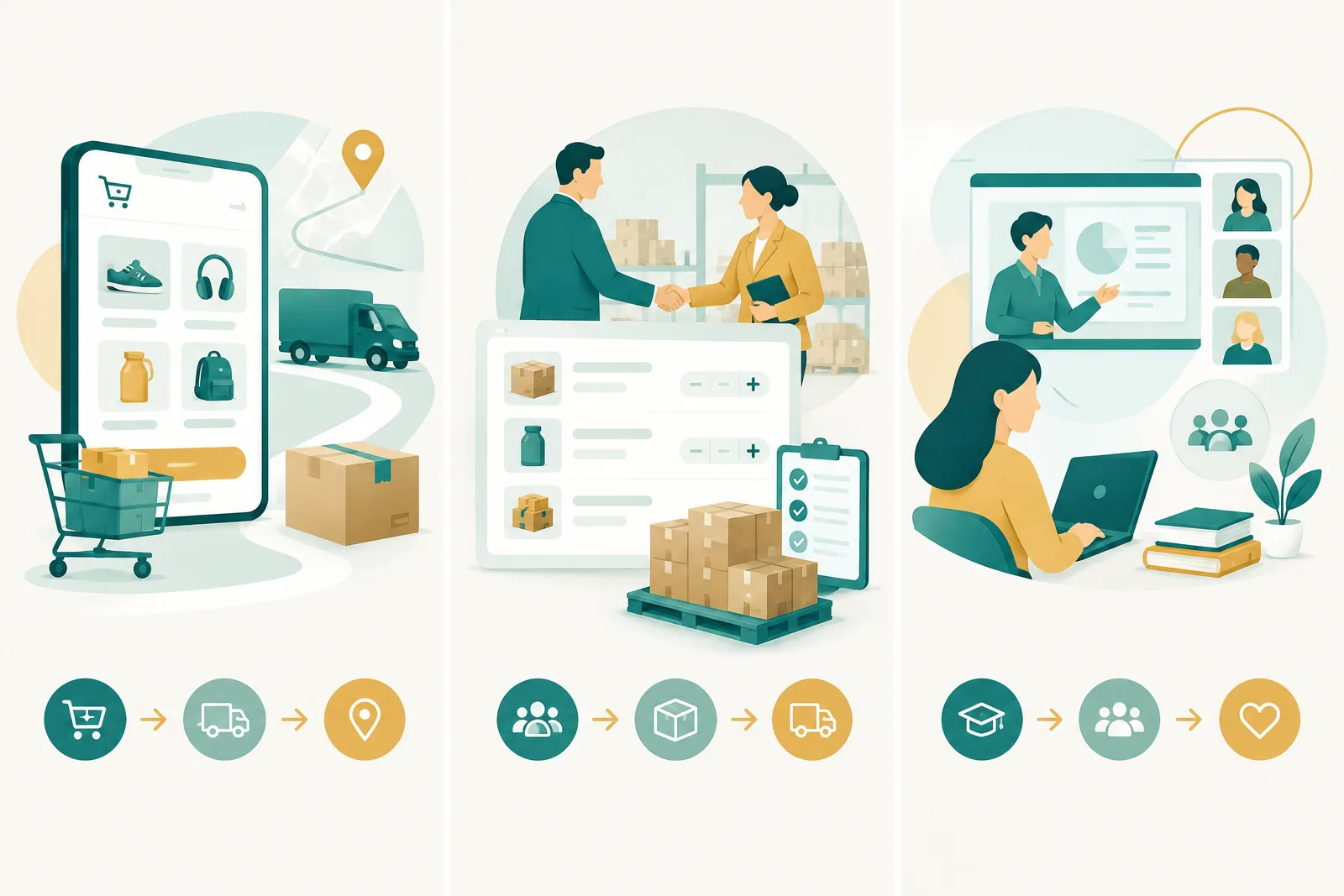 Illustrations of e-commerce delivery, B2B wholesale ordering and online education